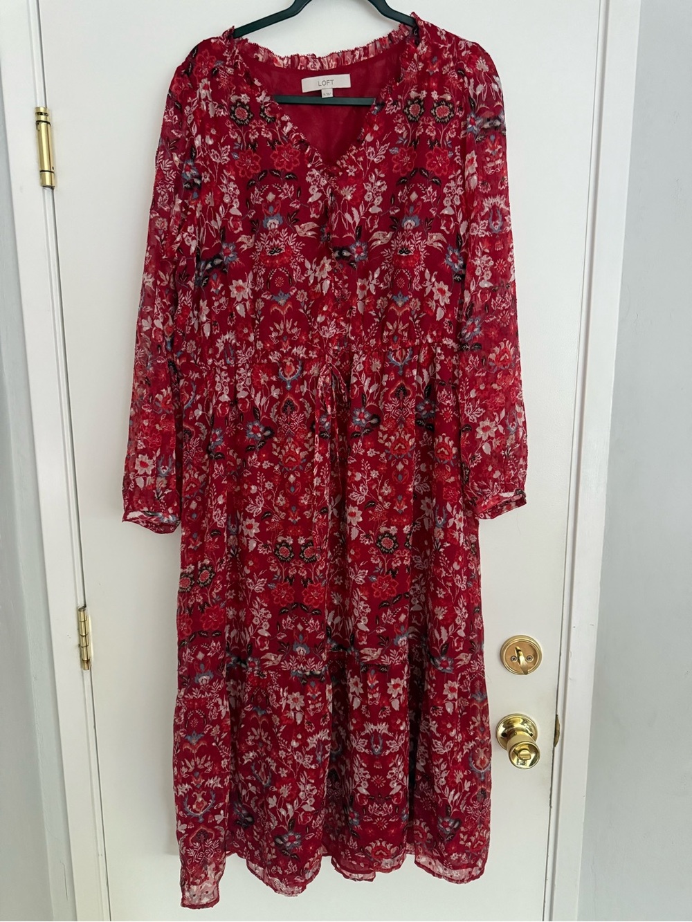 LOFT Red Floral Long-Sleeve Tiered Midi Dress with Tie Waist